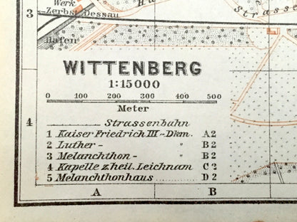 Antique 1925 Wittenberg, Germany Map from Baedekers Guide Atlas – Elbe River, Lutherhaus, Protestant Reformation, Martin Luther, Stadtkirche