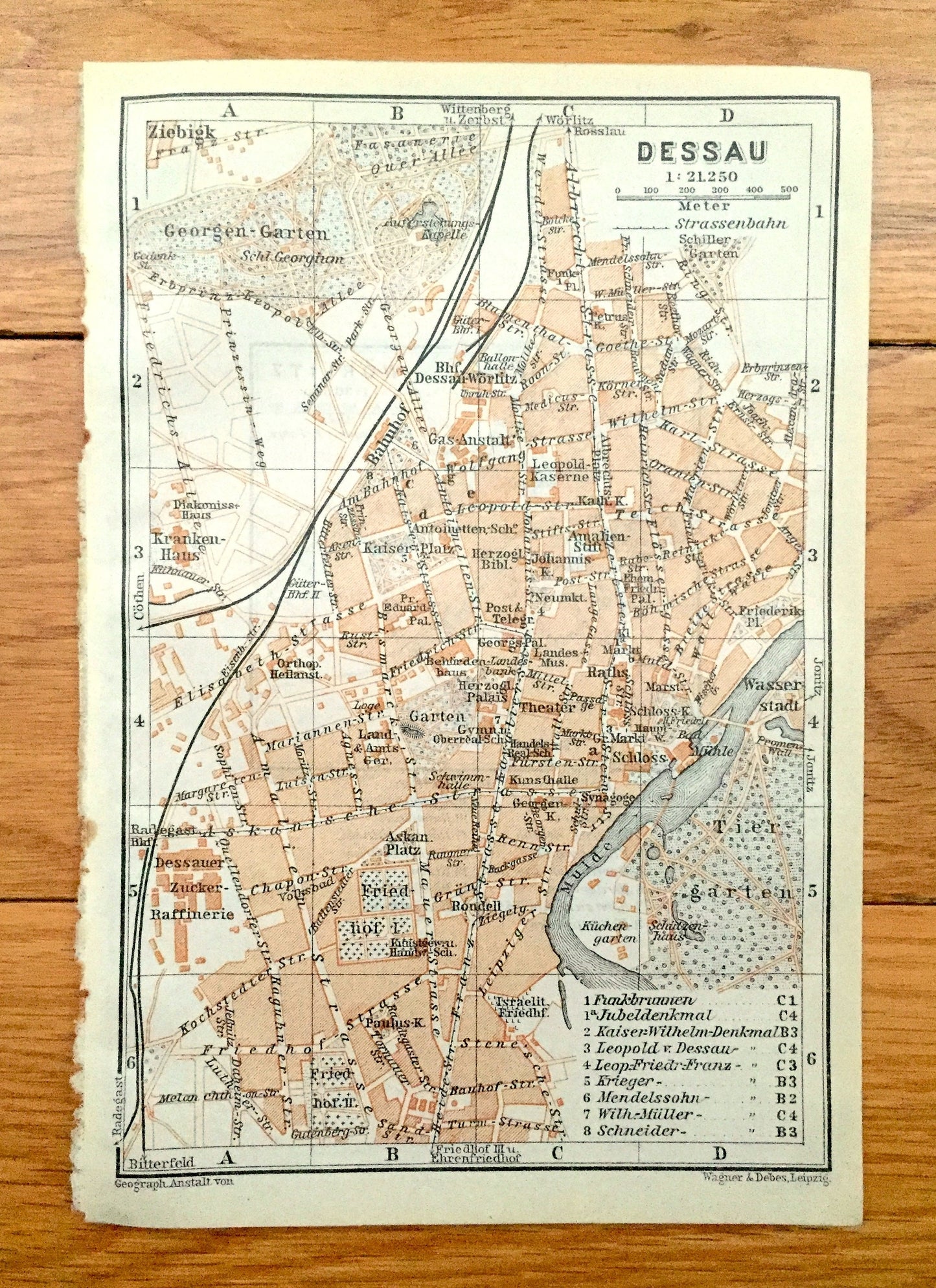 Antique 1925 Dessau Worlitz, Germany Map from Baedekers Guide Atlas –  Mulde River, Elbe River, Bundesland, Saxony Anhalt, Garten, Bahnhof