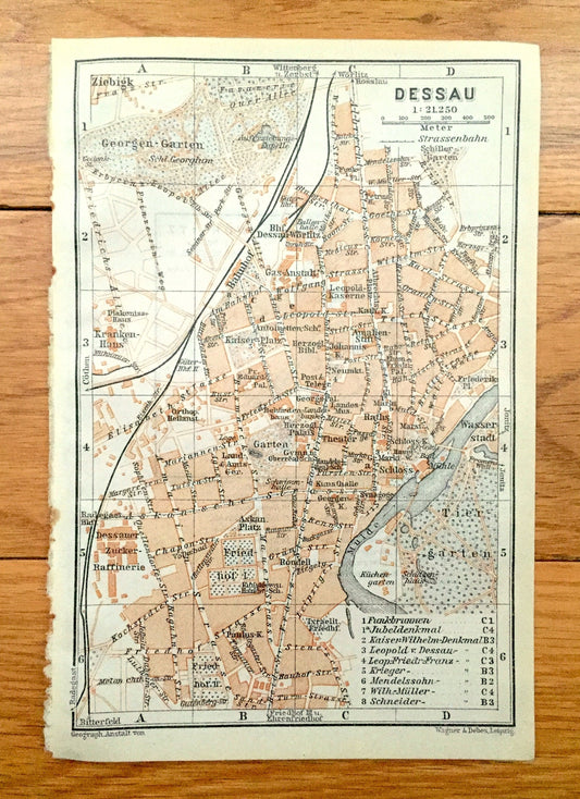 Antique 1925 Dessau Worlitz, Germany Map from Baedekers Guide Atlas –  Mulde River, Elbe River, Bundesland, Saxony Anhalt, Garten, Bahnhof
