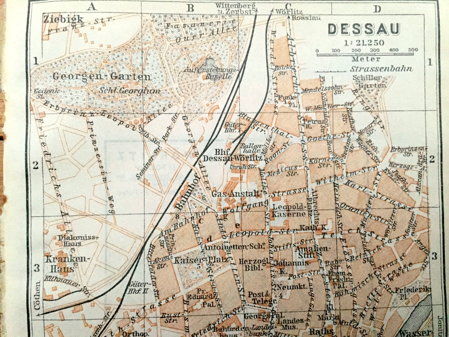 Antique 1925 Dessau Worlitz, Germany Map from Baedekers Guide Atlas –  Mulde River, Elbe River, Bundesland, Saxony Anhalt, Garten, Bahnhof