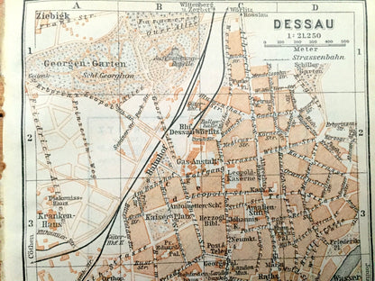 Antique 1925 Dessau Worlitz, Germany Map from Baedekers Guide Atlas –  Mulde River, Elbe River, Bundesland, Saxony Anhalt, Garten, Bahnhof