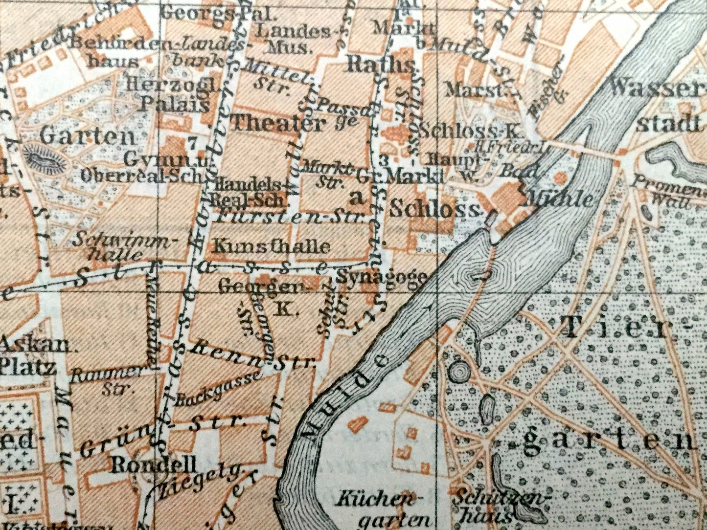 Antique 1925 Dessau Worlitz, Germany Map from Baedekers Guide Atlas –  Mulde River, Elbe River, Bundesland, Saxony Anhalt, Garten, Bahnhof