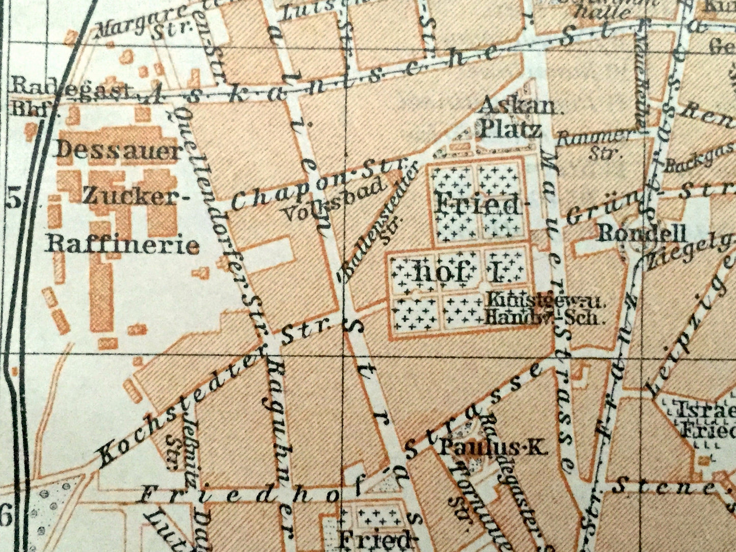 Antique 1925 Dessau Worlitz, Germany Map from Baedekers Guide Atlas –  Mulde River, Elbe River, Bundesland, Saxony Anhalt, Garten, Bahnhof