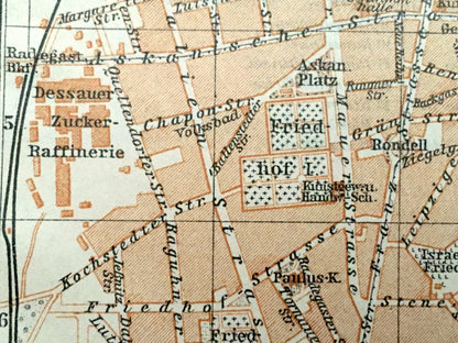 Antique 1925 Dessau Worlitz, Germany Map from Baedekers Guide Atlas –  Mulde River, Elbe River, Bundesland, Saxony Anhalt, Garten, Bahnhof