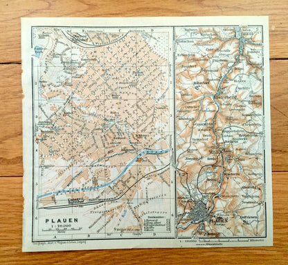 Antique 1925 Plauen, Germany Map from Baedekers Guide Atlas – Altenburg, Elsterberg, Greiz, Reissig, Rottis, Jossnitz, Hohndorf, Dolau, Pohl