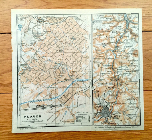 Antique 1925 Plauen, Germany Map from Baedekers Guide Atlas – Altenburg, Elsterberg, Greiz, Reissig, Rottis, Jossnitz, Hohndorf, Dolau, Pohl