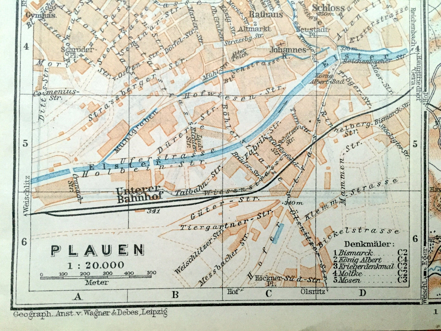 Antique 1925 Plauen, Germany Map from Baedekers Guide Atlas – Altenburg, Elsterberg, Greiz, Reissig, Rottis, Jossnitz, Hohndorf, Dolau, Pohl