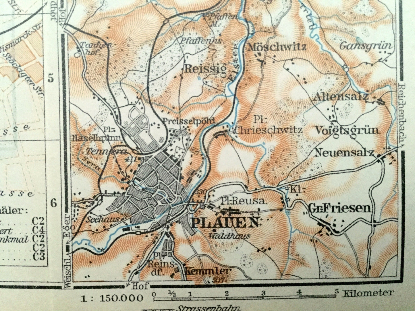 Antique 1925 Plauen, Germany Map from Baedekers Guide Atlas – Altenburg, Elsterberg, Greiz, Reissig, Rottis, Jossnitz, Hohndorf, Dolau, Pohl