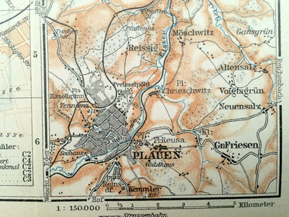 Antique 1925 Plauen, Germany Map from Baedekers Guide Atlas – Altenburg, Elsterberg, Greiz, Reissig, Rottis, Jossnitz, Hohndorf, Dolau, Pohl