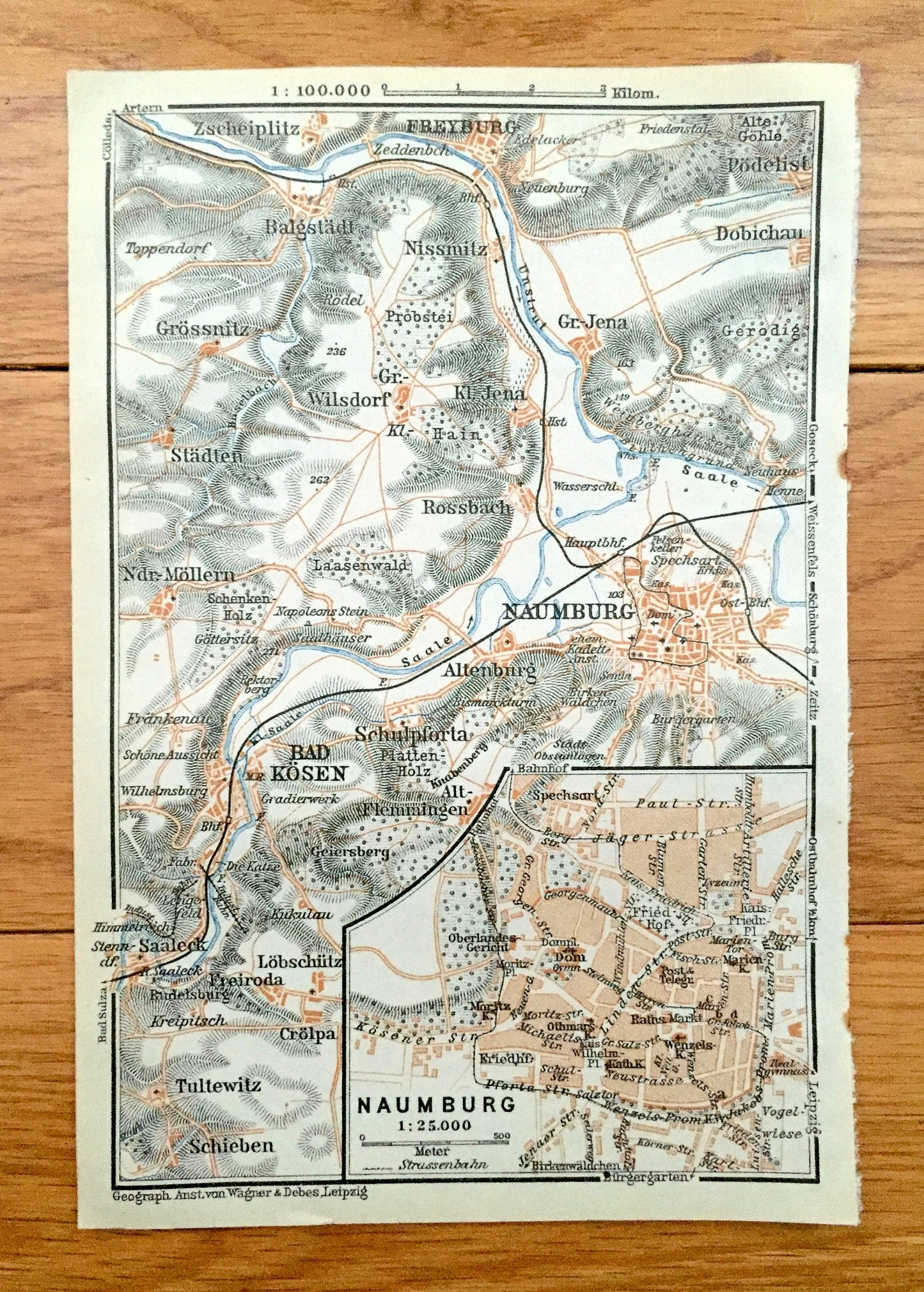 Antique 1925 Naumburg, Germany Map from Baedekers Guide Atlas –  Grossnitz, Jena, Cathedral, UNESCO, Altenburg, Freyburg, Bad Kosen, Crolpa