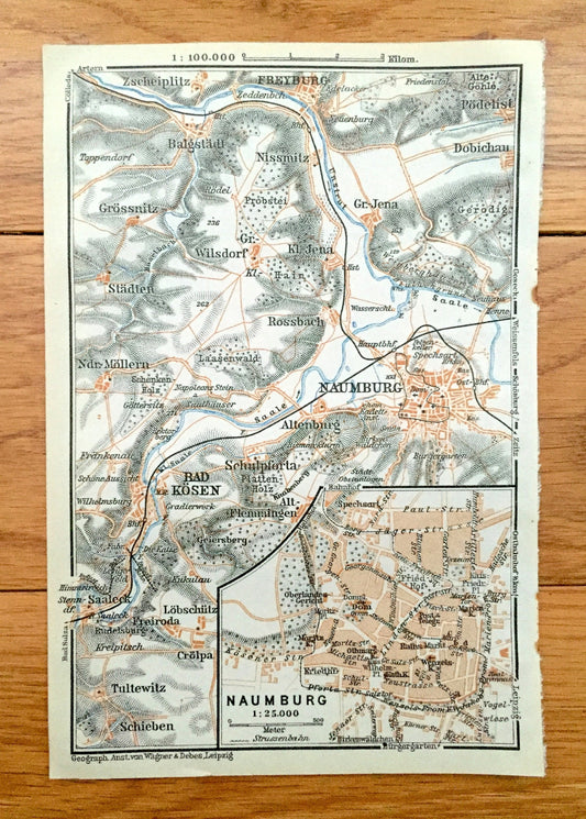 Antique 1925 Naumburg, Germany Map from Baedekers Guide Atlas –  Grossnitz, Jena, Cathedral, UNESCO, Altenburg, Freyburg, Bad Kosen, Crolpa