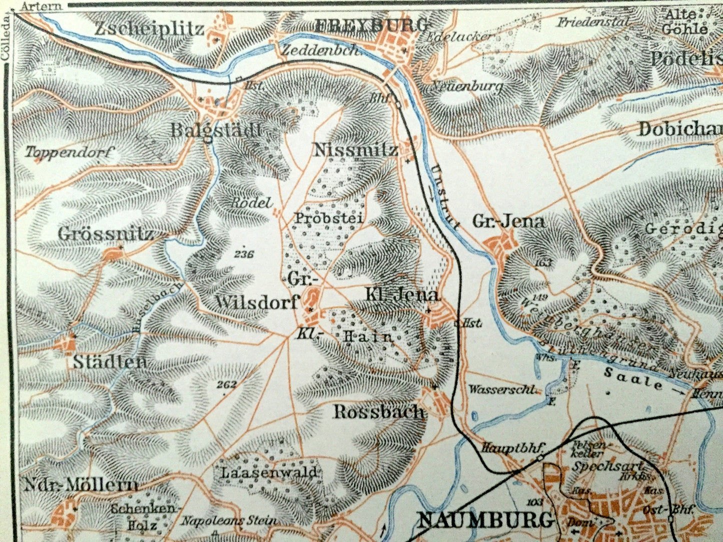 Antique 1925 Naumburg, Germany Map from Baedekers Guide Atlas –  Grossnitz, Jena, Cathedral, UNESCO, Altenburg, Freyburg, Bad Kosen, Crolpa