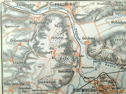 Antique 1925 Naumburg, Germany Map from Baedekers Guide Atlas –  Grossnitz, Jena, Cathedral, UNESCO, Altenburg, Freyburg, Bad Kosen, Crolpa