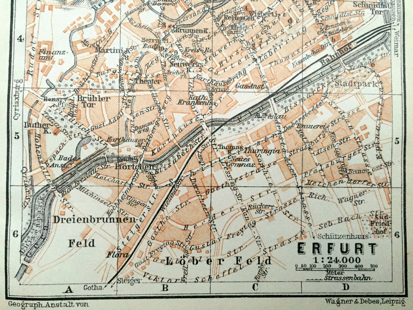 Antique 1925 Erfurt, Germany Map from Baedekers Guide Atlas –  Lober Feld, Dreienbrunnen, Andreas, Johannes, Thuringia, Gera River, Medieval