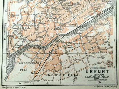 Antique 1925 Erfurt, Germany Map from Baedekers Guide Atlas –  Lober Feld, Dreienbrunnen, Andreas, Johannes, Thuringia, Gera River, Medieval