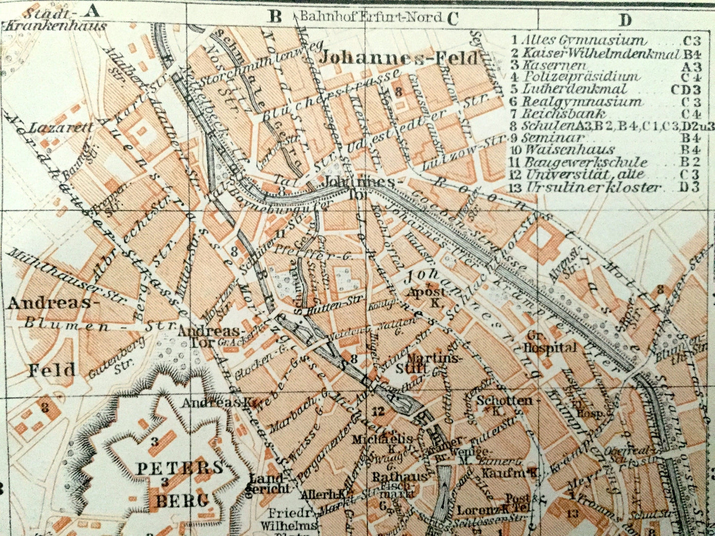 Antique 1925 Erfurt, Germany Map from Baedekers Guide Atlas –  Lober Feld, Dreienbrunnen, Andreas, Johannes, Thuringia, Gera River, Medieval