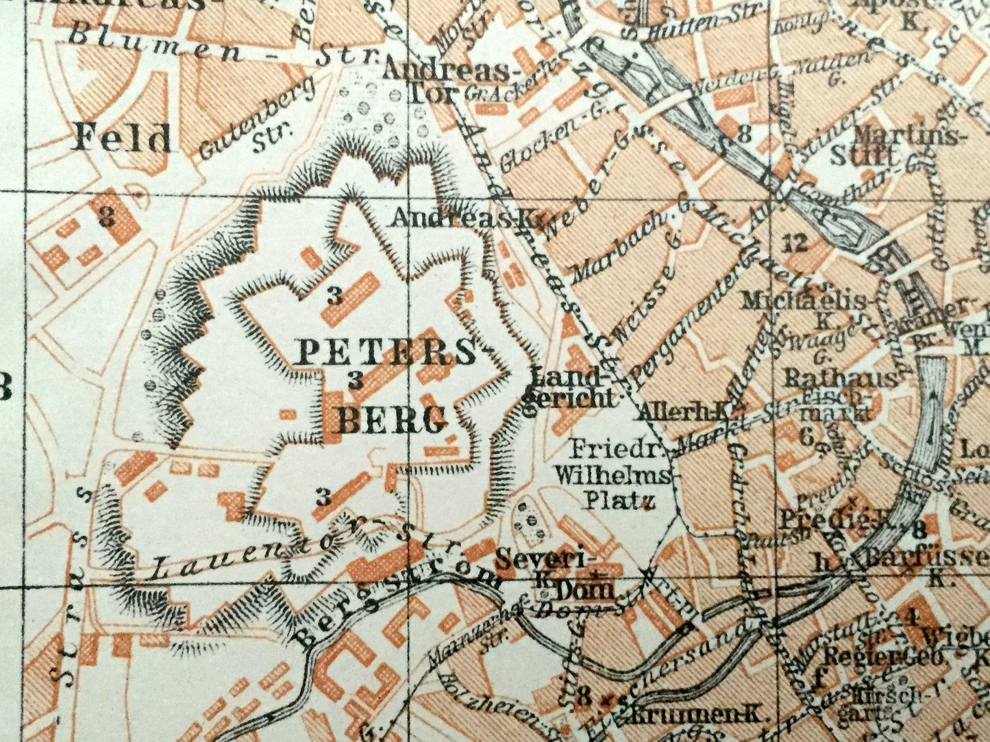 Antique 1925 Erfurt, Germany Map from Baedekers Guide Atlas –  Lober Feld, Dreienbrunnen, Andreas, Johannes, Thuringia, Gera River, Medieval