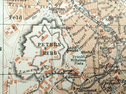 Antique 1925 Erfurt, Germany Map from Baedekers Guide Atlas –  Lober Feld, Dreienbrunnen, Andreas, Johannes, Thuringia, Gera River, Medieval