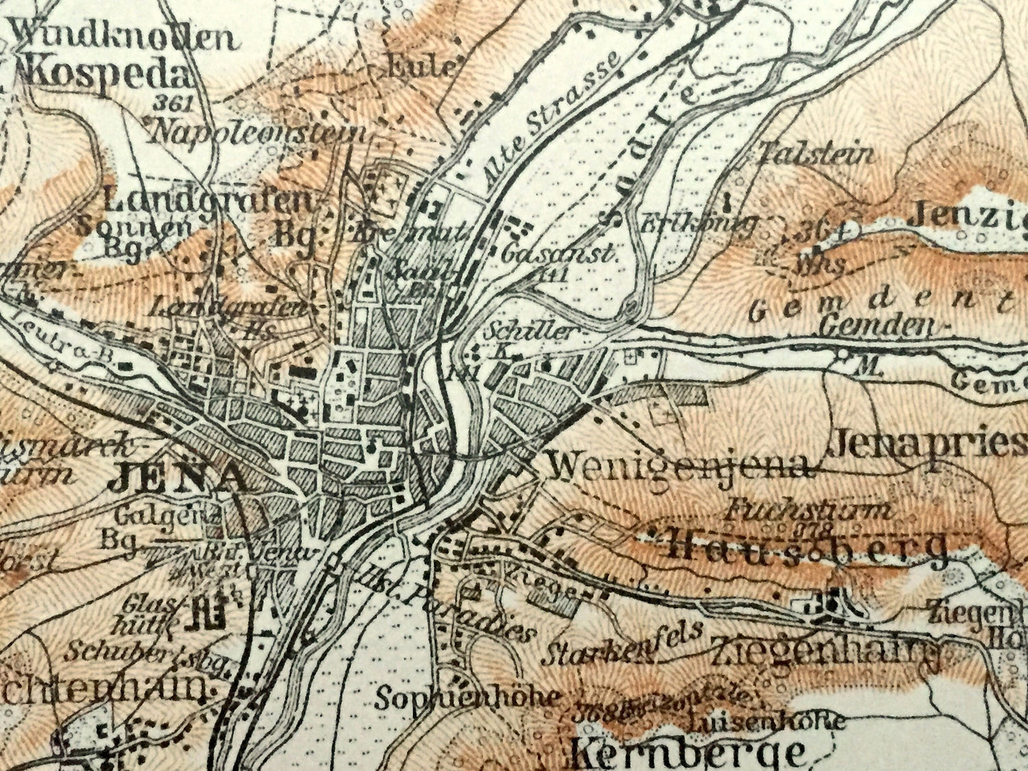 Antique 1925 Jena, Germany Map from Baedekers Guide Atlas – Lobeda, Burgau, Rabis, Groben, Lobstedt, Lehesten, Stobra, Golmsdorf, Dornburg
