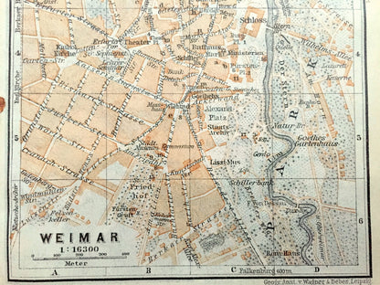 Antique 1925 Weimar, Germany Map from Baedekers Guide Atlas – Thuringia, Taubach, Ottern, Bergern, Ulla, Daasdorf, Troebsdorf, Bauhaus, Ilm