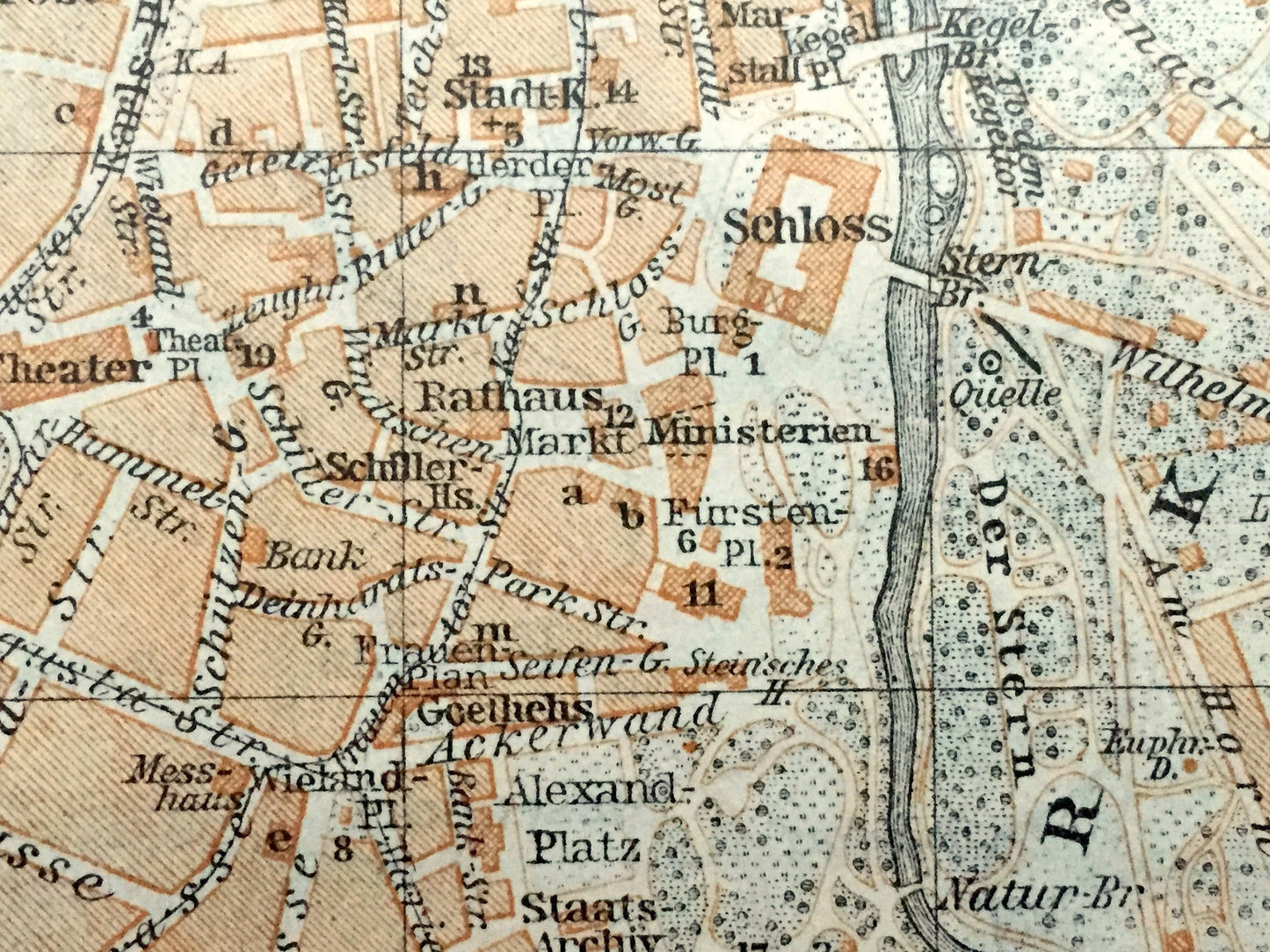 Antique 1925 Weimar, Germany Map from Baedekers Guide Atlas – Thuringia, Taubach, Ottern, Bergern, Ulla, Daasdorf, Troebsdorf, Bauhaus, Ilm