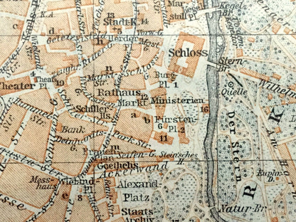 Antique 1925 Weimar, Germany Map from Baedekers Guide Atlas – Thuringia, Taubach, Ottern, Bergern, Ulla, Daasdorf, Troebsdorf, Bauhaus, Ilm