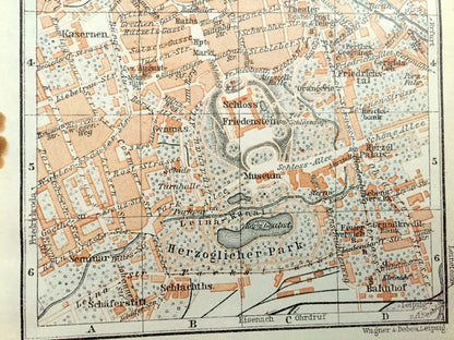 Antique 1925 Gotha, Germany Map from Baedekers Guide Atlas – Thuringia, Ernestine Wettins, European royals royalty, Middle Ages, Via Regia