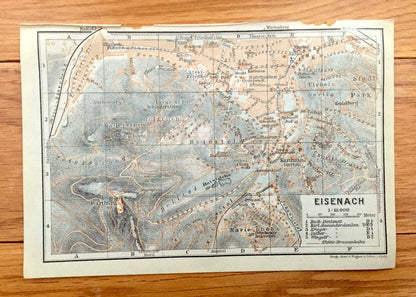 Antique 1925 Eisenach, Germany Map from Baedekers Guide Atlas – Thuringia, Wartburg, Gadem, Goldberg, castle, UNESCO, Bach, Goethe, Luther