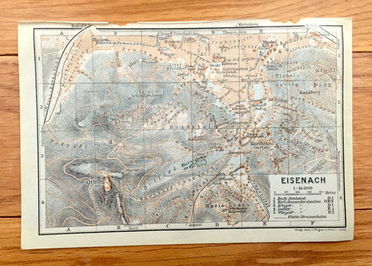Antique 1925 Eisenach, Germany Map from Baedekers Guide Atlas – Thuringia, Wartburg, Gadem, Goldberg, castle, UNESCO, Bach, Goethe, Luther