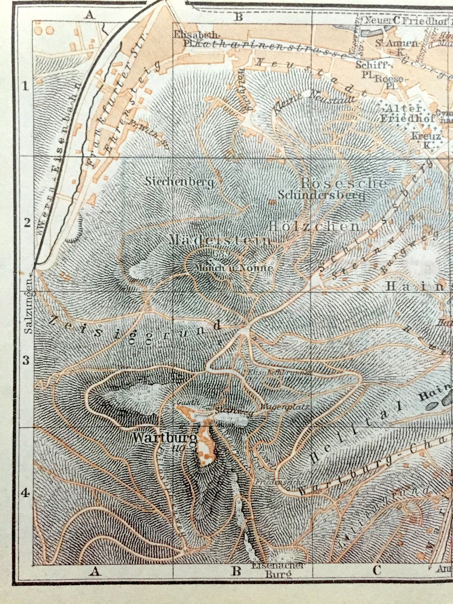 Antique 1925 Eisenach, Germany Map from Baedekers Guide Atlas – Thuringia, Wartburg, Gadem, Goldberg, castle, UNESCO, Bach, Goethe, Luther