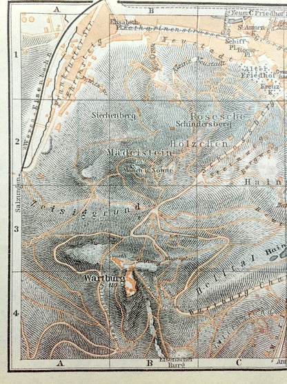 Antique 1925 Eisenach, Germany Map from Baedekers Guide Atlas – Thuringia, Wartburg, Gadem, Goldberg, castle, UNESCO, Bach, Goethe, Luther