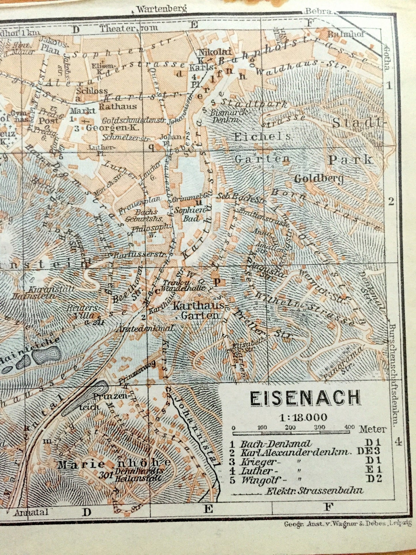 Antique 1925 Eisenach, Germany Map from Baedekers Guide Atlas – Thuringia, Wartburg, Gadem, Goldberg, castle, UNESCO, Bach, Goethe, Luther