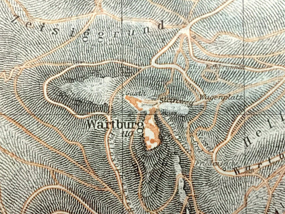 Antique 1925 Eisenach, Germany Map from Baedekers Guide Atlas – Thuringia, Wartburg, Gadem, Goldberg, castle, UNESCO, Bach, Goethe, Luther