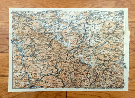 Antique 1925 Gotha, Germany Map from Baedekers Guide Atlas – Meiningen, Suhl, Ilmenau, Arnstadt, Eisenach, Eirfurt, Konigsee, Weimar, Berka