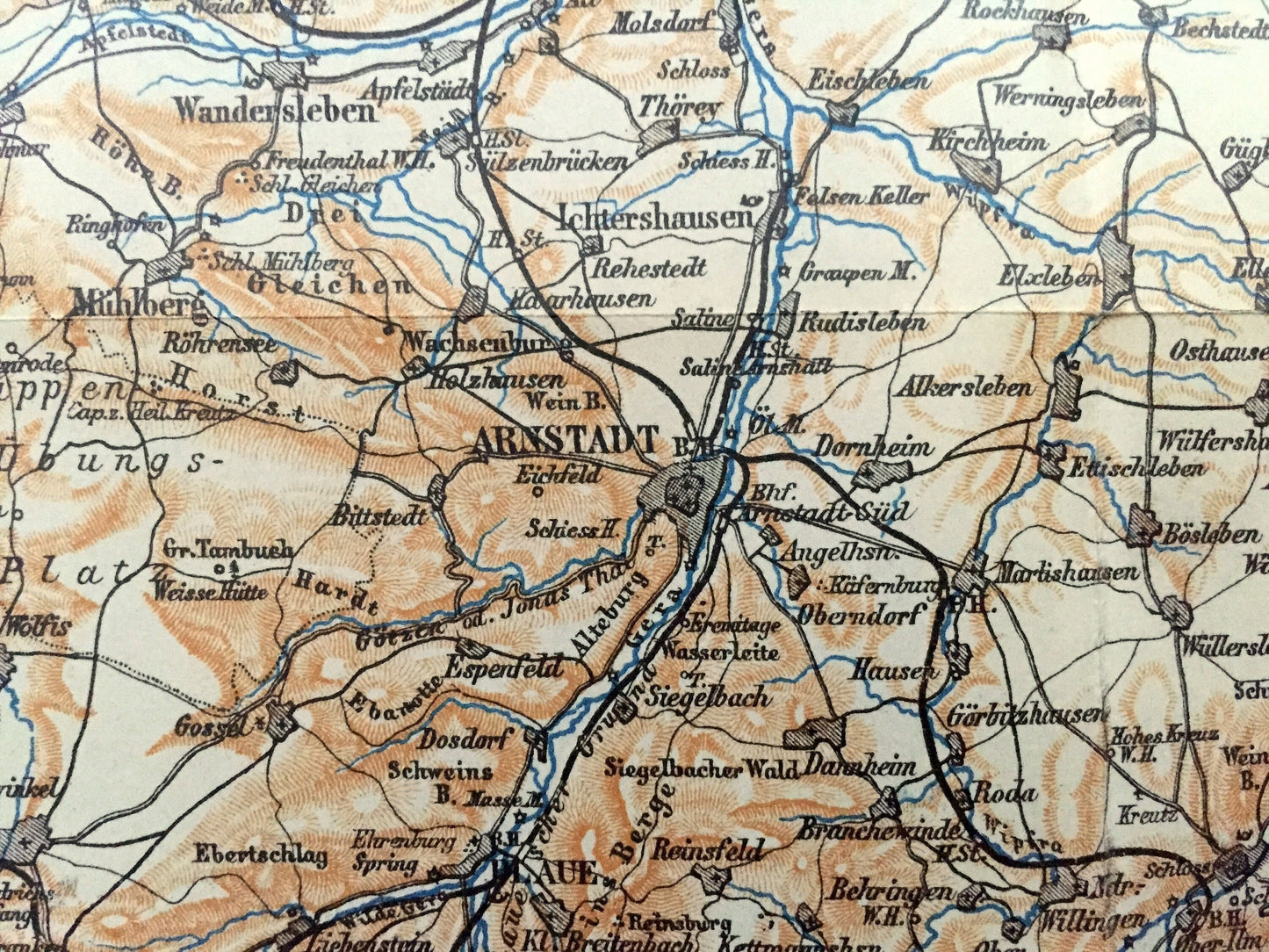Antique 1925 Gotha, Germany Map from Baedekers Guide Atlas – Meiningen, Suhl, Ilmenau, Arnstadt, Eisenach, Eirfurt, Konigsee, Weimar, Berka