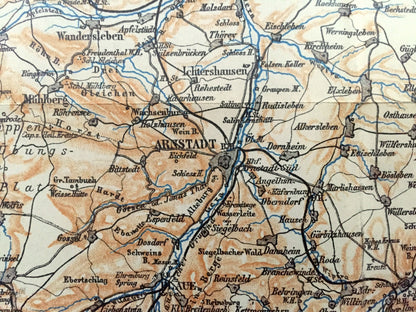 Antique 1925 Gotha, Germany Map from Baedekers Guide Atlas – Meiningen, Suhl, Ilmenau, Arnstadt, Eisenach, Eirfurt, Konigsee, Weimar, Berka