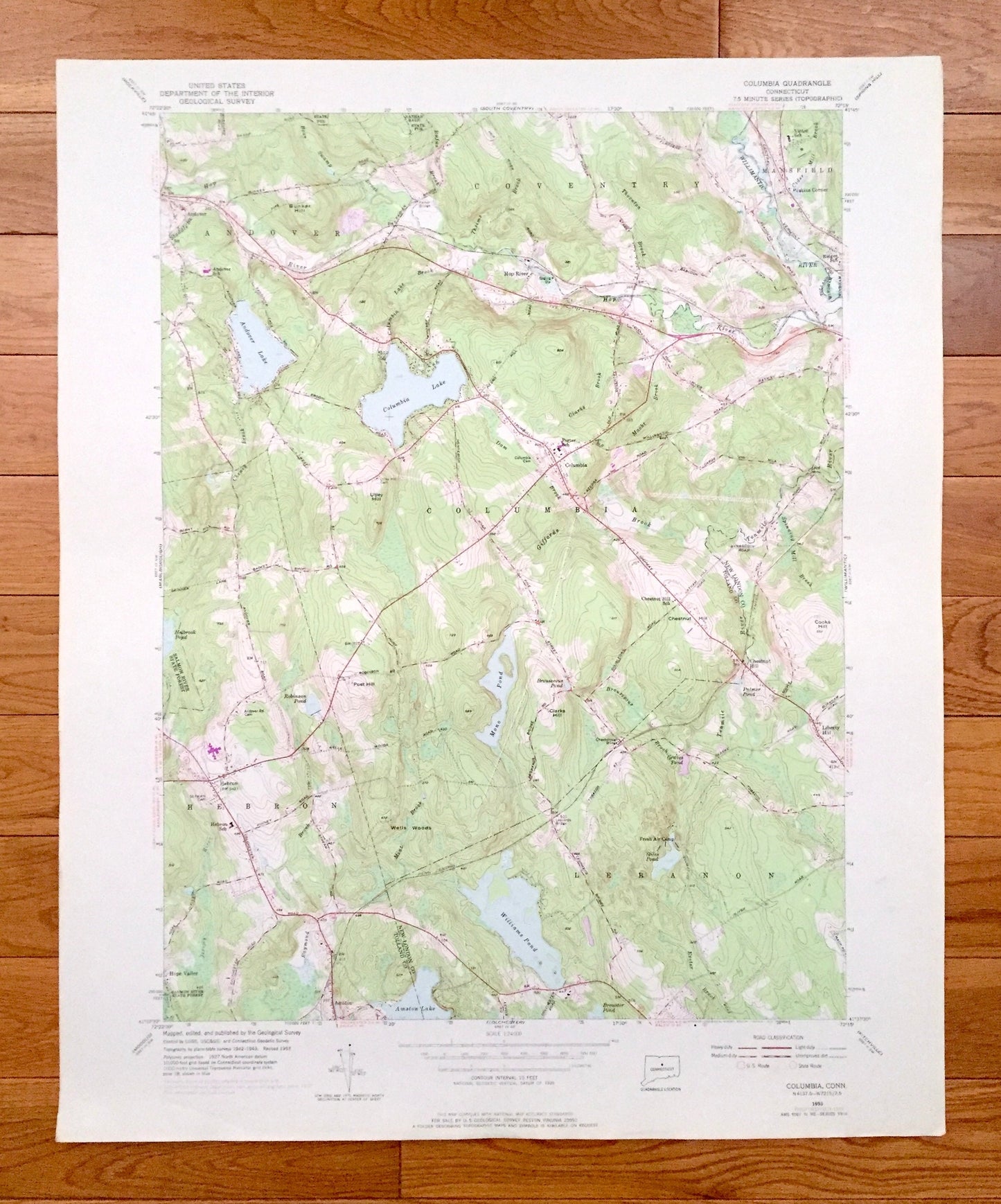 Antique Columbia, Connecticut 1953 US Geological Survey Topographic Map – Tolland, New London County, Andover, Coventry, Lebanon, Hebron, CT