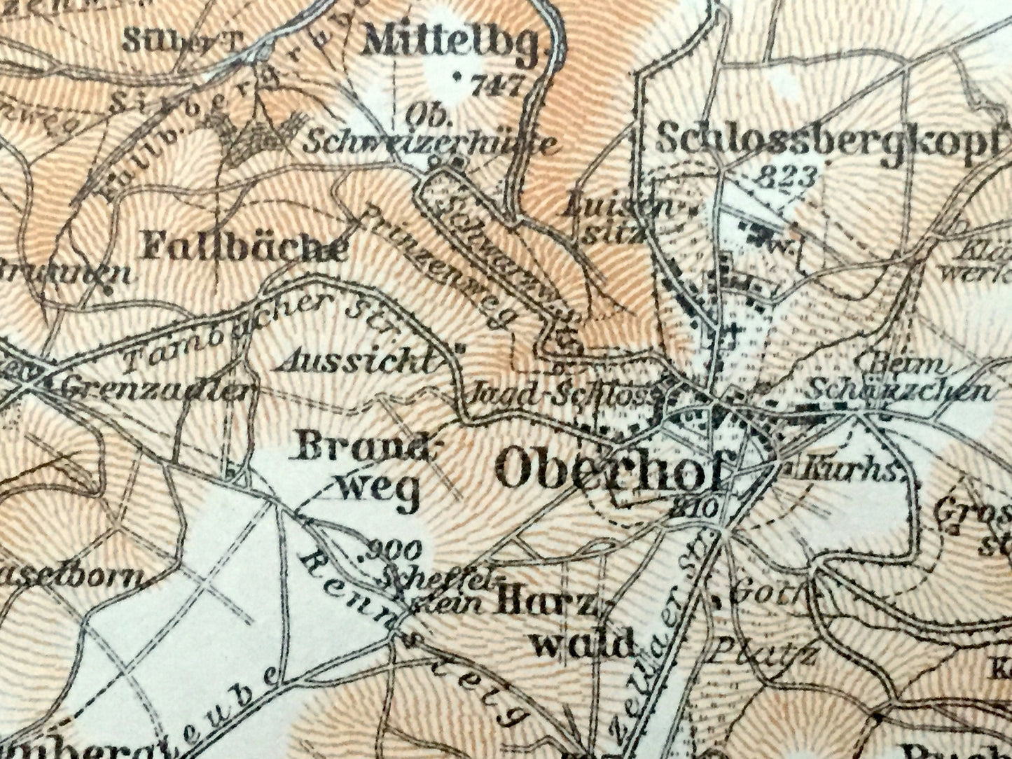 Antique 1925 Oberhof, Germany Map from Baedekers Guide Atlas – Saukopf, Greifenberg, Schutzenberg, Brandleite, Buchskopf, Bohler, Alterberg
