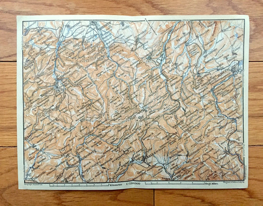 Antique 1925 Tambach, Germany Map from Baedekers Guide Atlas – Dietharz, Ohrdruf, Ilmenau, Suhl, Zella, Steinbach, Hallenberg, Struth, Roda