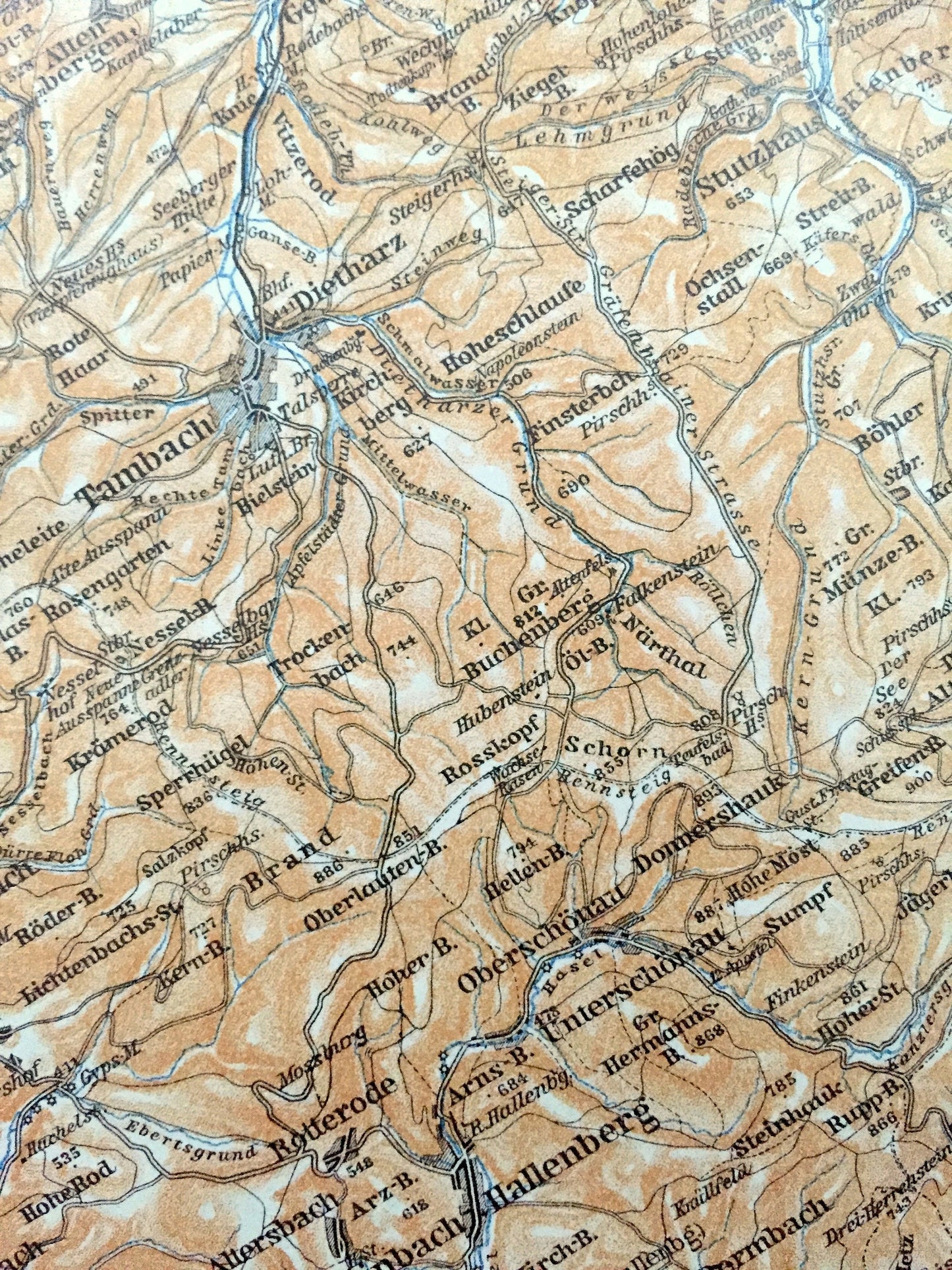 Antique 1925 Tambach, Germany Map from Baedekers Guide Atlas – Dietharz, Ohrdruf, Ilmenau, Suhl, Zella, Steinbach, Hallenberg, Struth, Roda