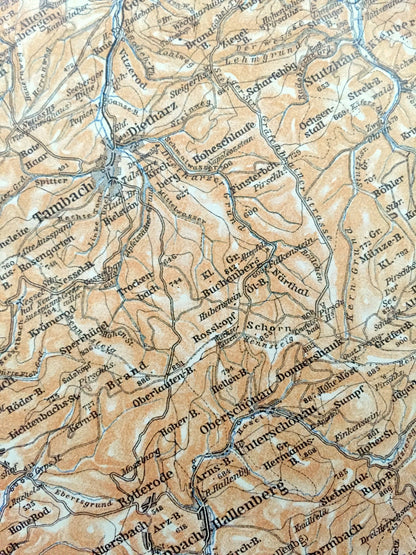 Antique 1925 Tambach, Germany Map from Baedekers Guide Atlas – Dietharz, Ohrdruf, Ilmenau, Suhl, Zella, Steinbach, Hallenberg, Struth, Roda