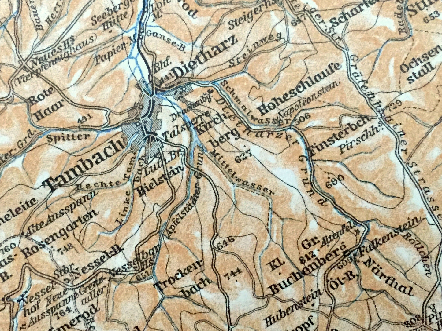 Antique 1925 Tambach, Germany Map from Baedekers Guide Atlas – Dietharz, Ohrdruf, Ilmenau, Suhl, Zella, Steinbach, Hallenberg, Struth, Roda