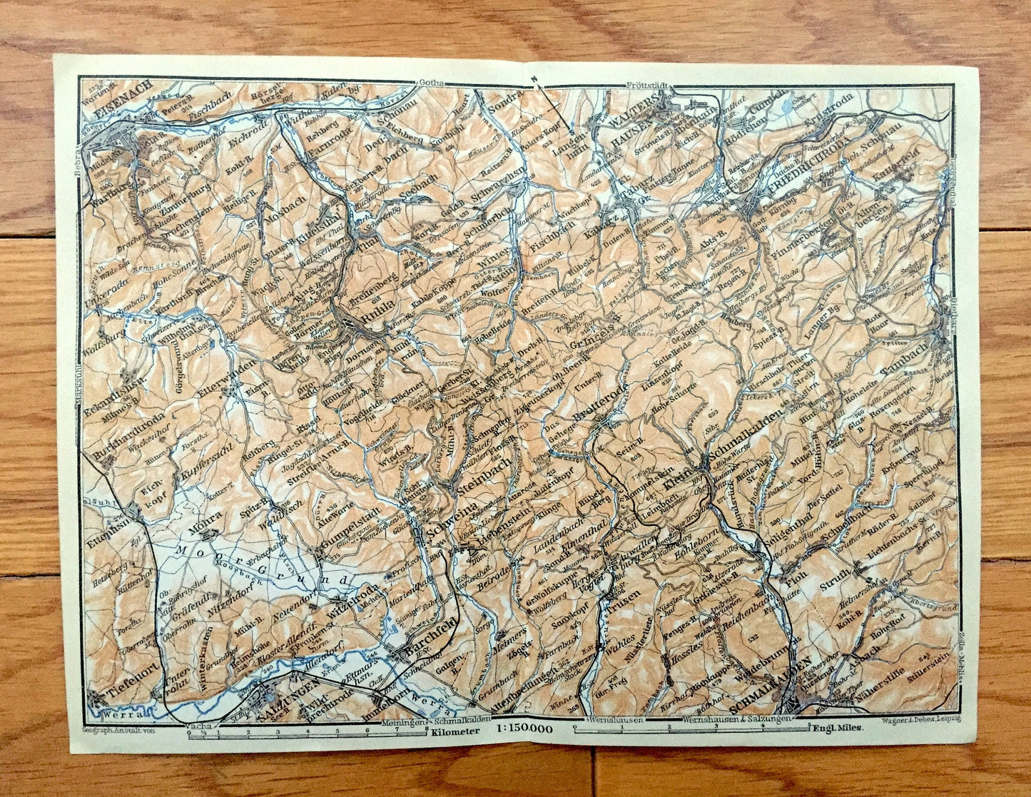 Antique 1925 Friedrichroda, Germany Map from Baedekers Guide Atlas – Hausen, Walters, Schmalkalden, Barchfeld, Salzungen, Eisenach, Ruhla