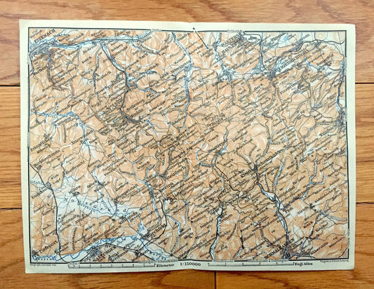 Antique 1925 Friedrichroda, Germany Map from Baedekers Guide Atlas – Hausen, Walters, Schmalkalden, Barchfeld, Salzungen, Eisenach, Ruhla