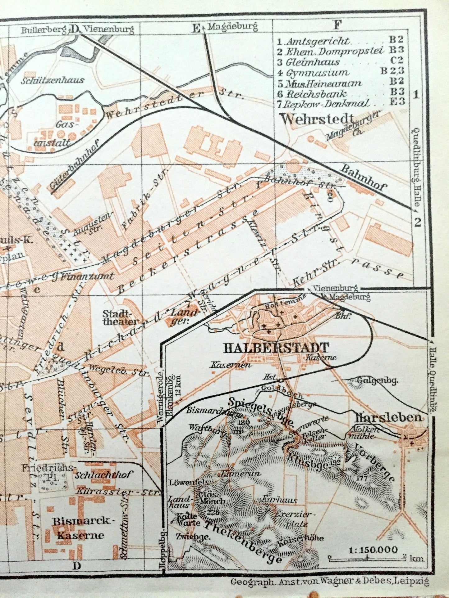 Antique 1925 Halberstadt, Germany Map from Baedekers Guide Atlas – Harsleban, Wehrstedt, Saxony-Anhalt, Harz,  Holtemme, Goldbach rivers