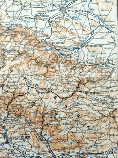 Antique 1925 Nordhausen, Germany Map from Baedekers Guide Atlas – Goslar, Heringen, Ouedlinburg, Derenburg, Seesen, Magdesprung, Alexisbad