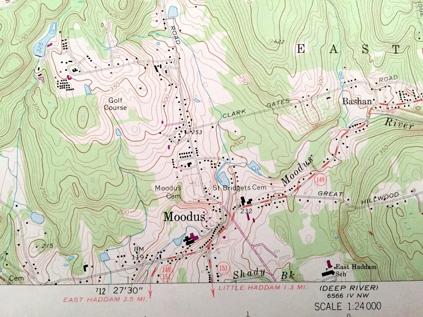 Antique Moodus, Connecticut 1967 US Geological Survey Topographic Map – Hartford, New London, Middlesex County, Marlborough, Colchester, CT
