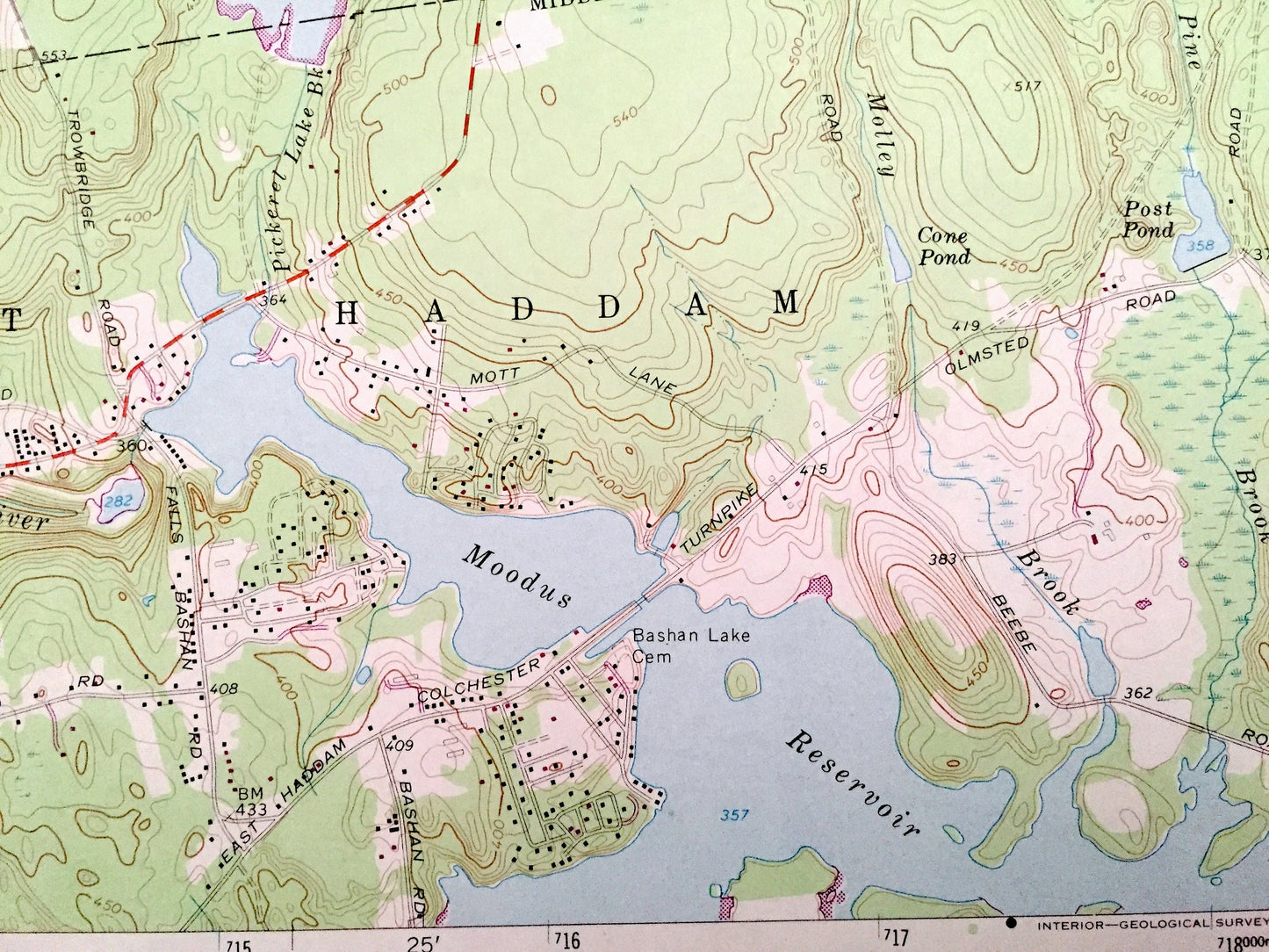 Antique Moodus, Connecticut 1967 US Geological Survey Topographic Map – Hartford, New London, Middlesex County, Marlborough, Colchester, CT