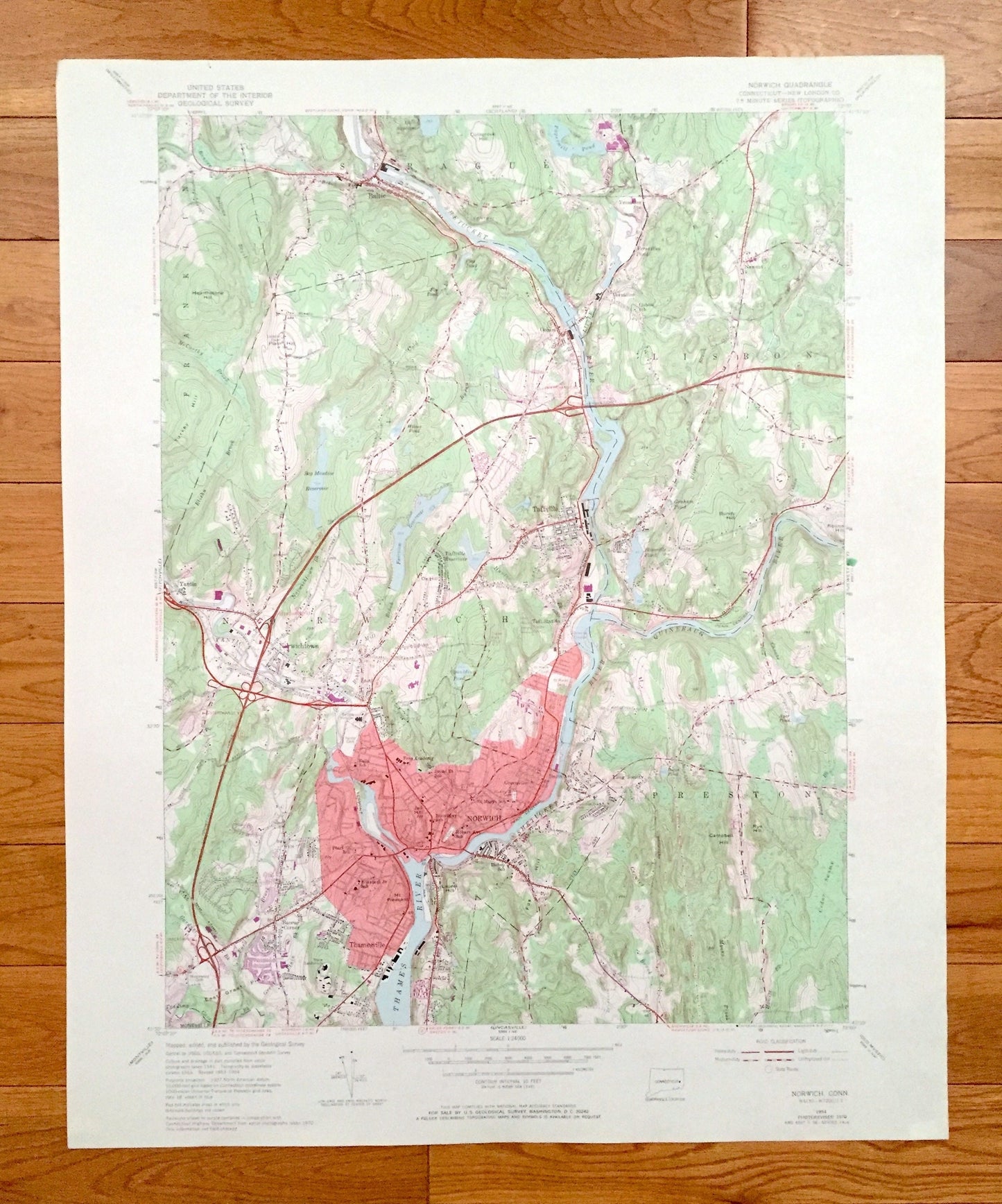 Antique Norwich, Connecticut 1954 US Geological Survey Topographic Map – New London County, Sprague, Lisbon, Franklin, Preston, Baltic, CT