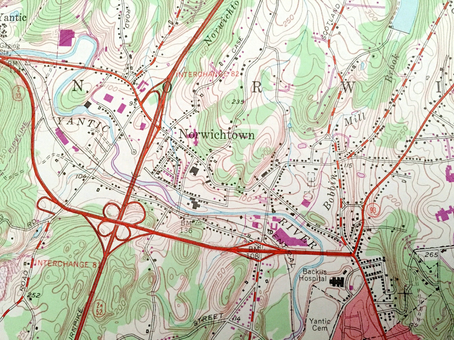 Antique Norwich, Connecticut 1954 US Geological Survey Topographic Map – New London County, Sprague, Lisbon, Franklin, Preston, Baltic, CT
